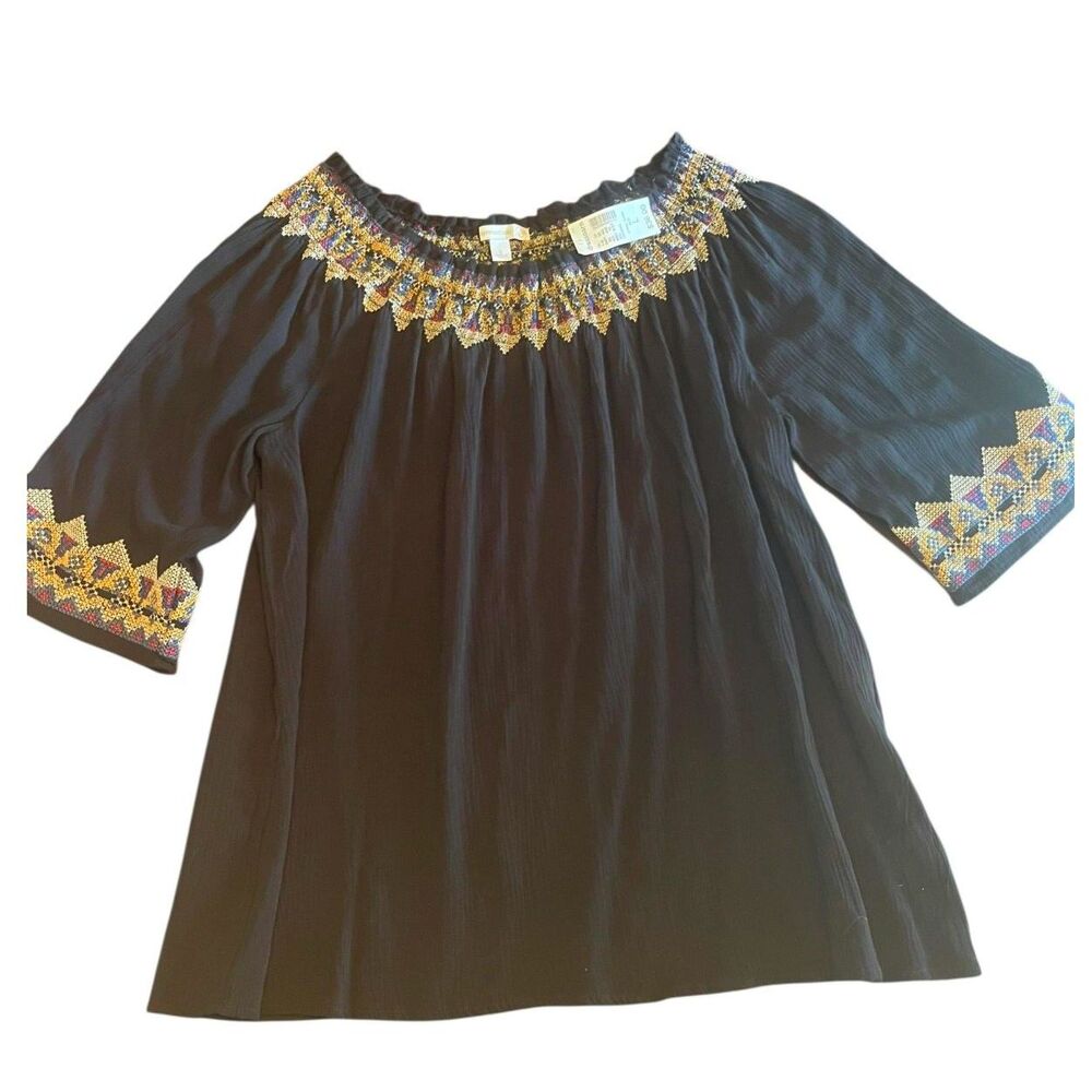 Women’s Black Boho Peasant Top Embroidered Semi Sheer Rayon Size Large NEW